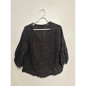 CP Shades Womens Charcoal Grey 100% Linen Crinkle V-Neck Lantern Sleeve Top S